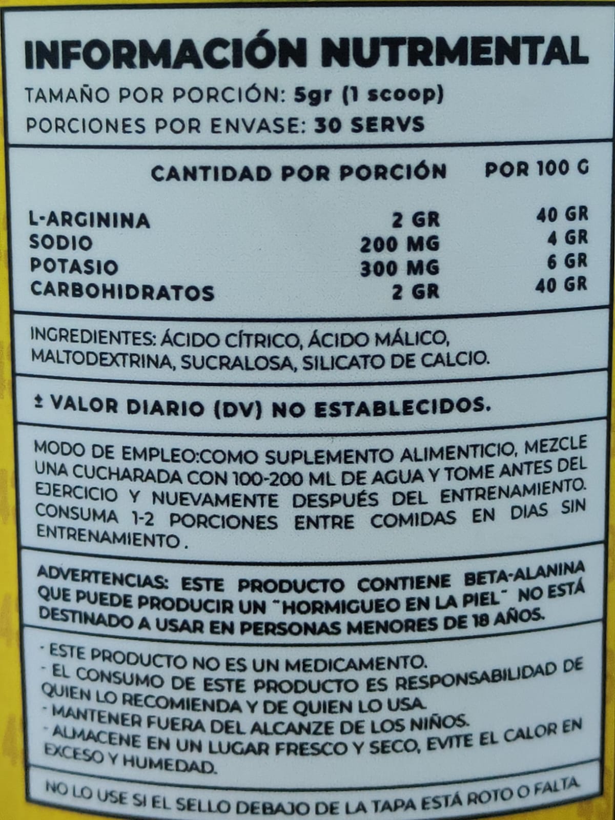 ARGININA ADVANCE 43 SUPPLEMENTS 30 SERVICIOS 150GRS.