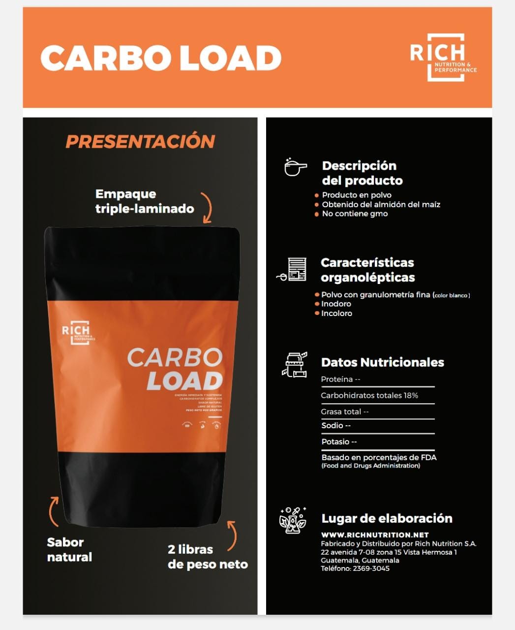 CARBO LOAD RICH NUTRITION PERFORMANCE 20 SERVIDAS 900 GRS.