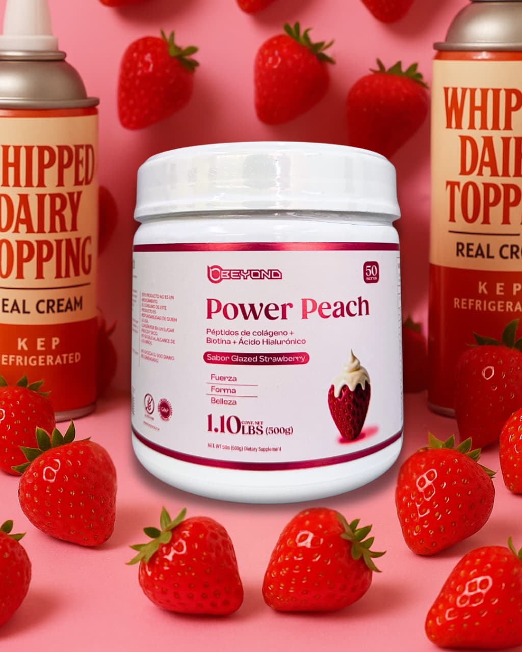 PÉPTIDOS DE COLÁGENO (PEPTONAS)+ BIOTINA + ÁCIDO HIALURÓNICO POWER PEACH BEYOND 50 SERVICIOS 1.10LB BOTE