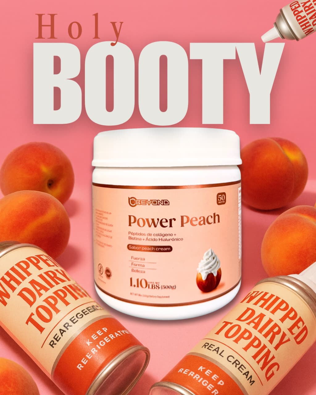 PÉPTIDOS DE COLÁGENO (PEPTONAS)+ BIOTINA + ÁCIDO HIALURÓNICO POWER PEACH BEYOND 50 SERVICIOS 1.10LB BOTE