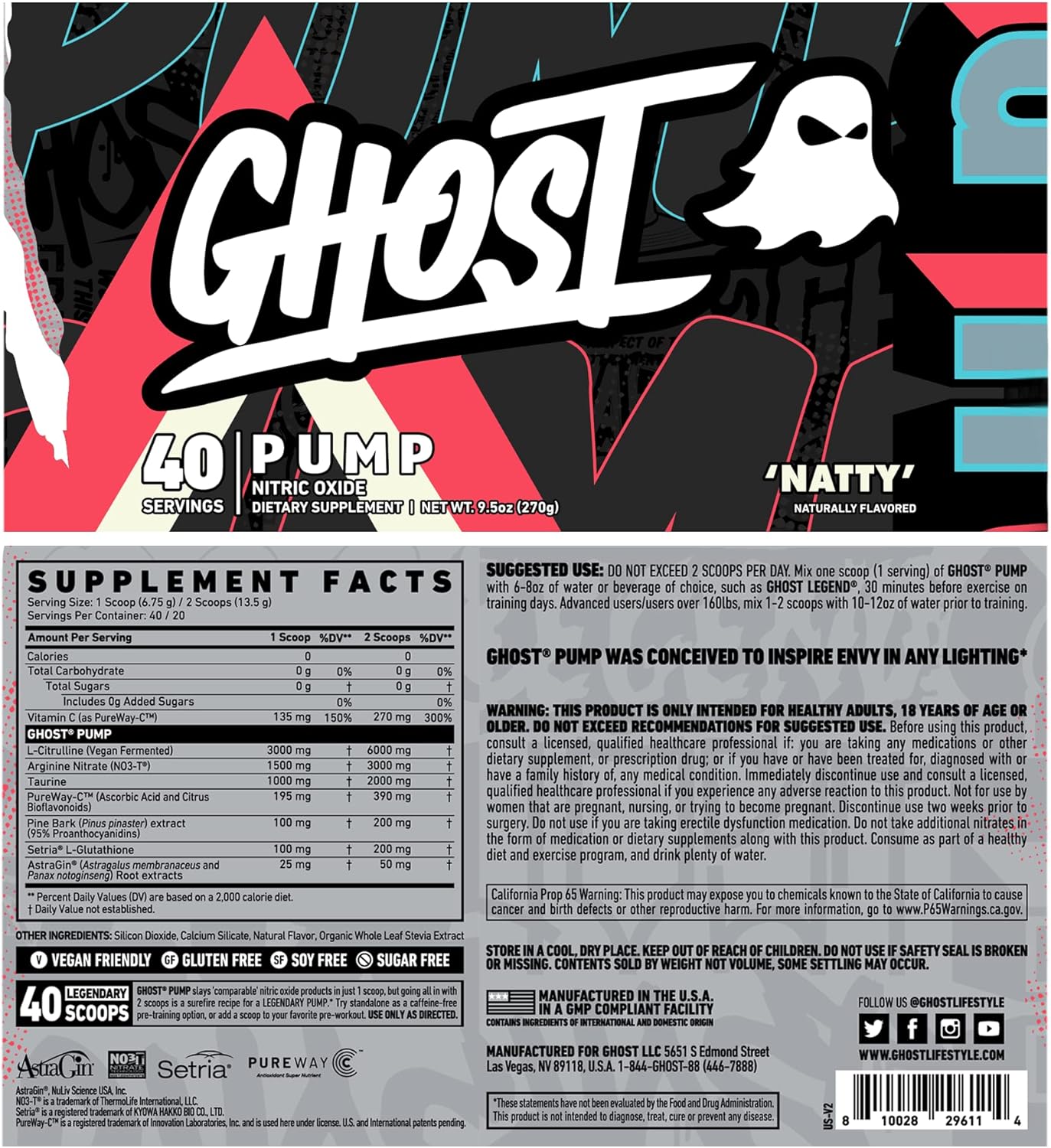NITRIC OXIDE GHOST PUMP 40 SERVIDAS 9.5OZ. (270 GRS.)