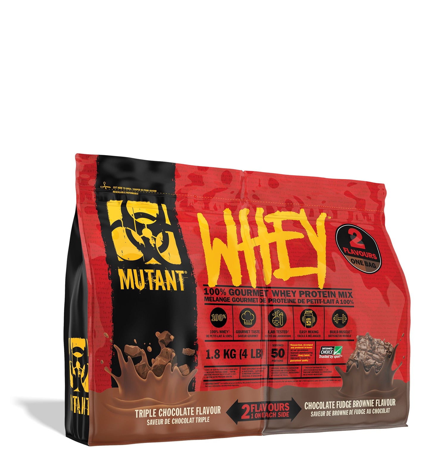 WHEY PROTEIN MUTANT 50 SERVIDAS 1.8KG (4LBS) 2 FLAVORS (DOBLE COMPARTIMIENTO)