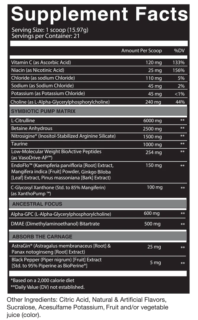 PREWORKOUT CARNAGE PUMP NON STIM 21 SERVIDAS 11.82 ONZ