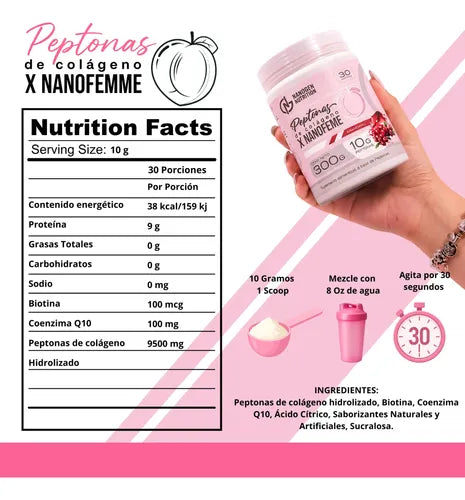 Peptonas de Colágeno Nanofemme 9500 mg con Q10 y Biotina