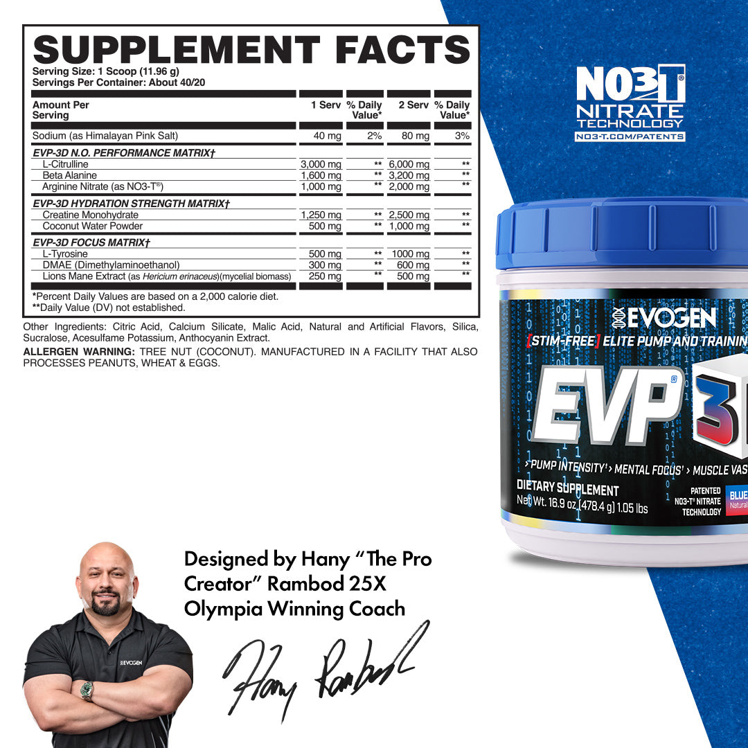 PRE-WORKOUT EVP 3D NON STIM EVOGEN 40/20 SERVICIOS 15.8 OZ. (448 GRS.)