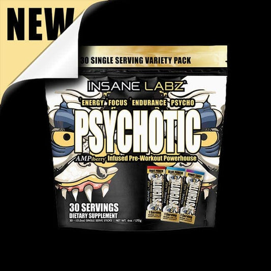 PSYCHOTIC GOLD PRE-WORKOUT: 30 CONVENIENT SINGLE SERVE STICK PACKS (10 EA. BLUE PUNCH, FRUIT PUNCH & GUMMY CANDY)