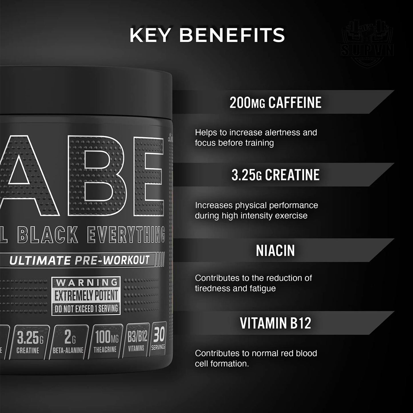 PRE-WORKOUT ABE ALL BLACK EVERYTHING APPLIED NUTRITION 30 SERVICES 390GRS. (3.75 OZ)