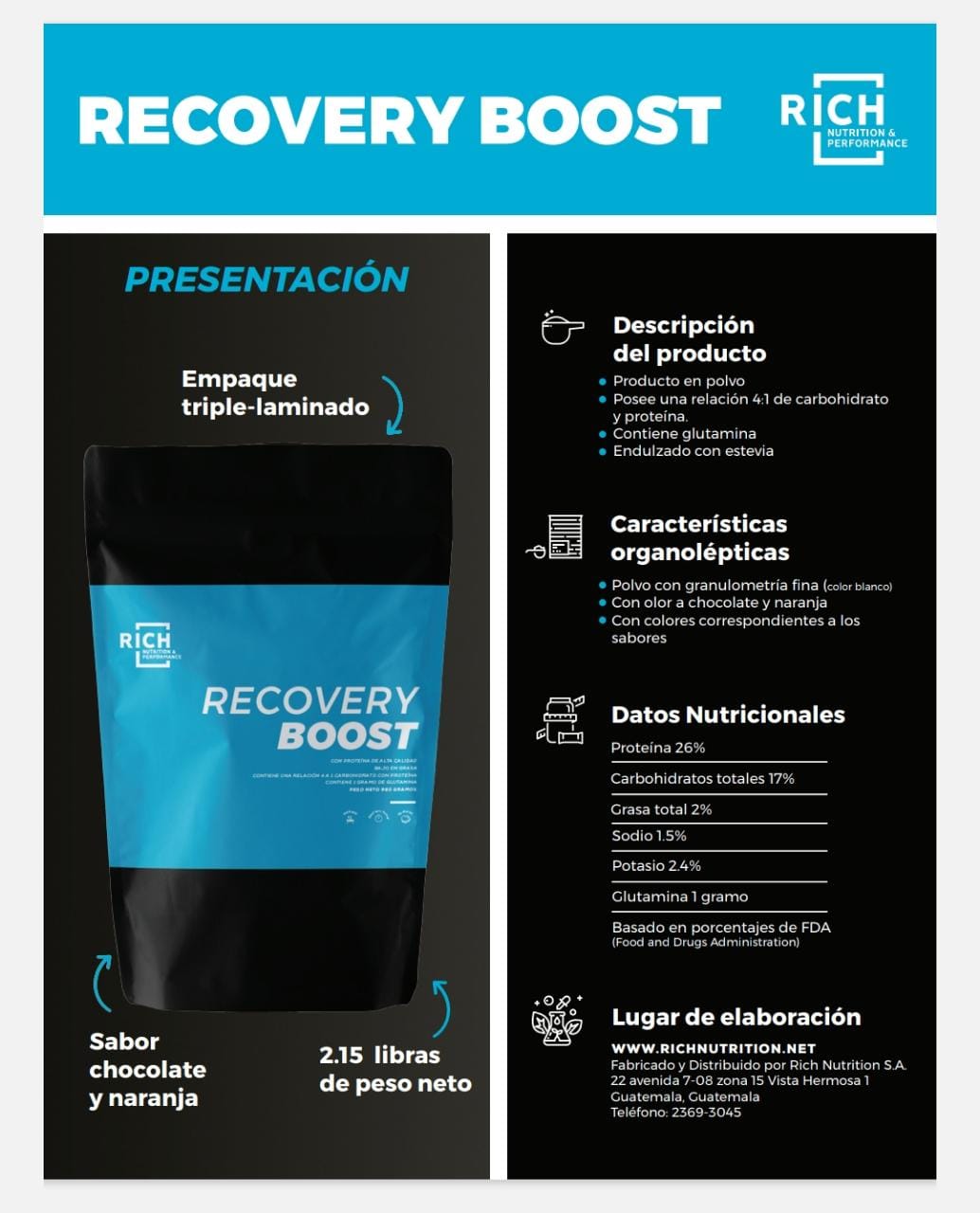 WHEY PROTEIN + GLUTAMINA RECOVERY BOOST RICH NUTRITION & PERFOMANCE 14 SERVIDAS 980 GRS.
