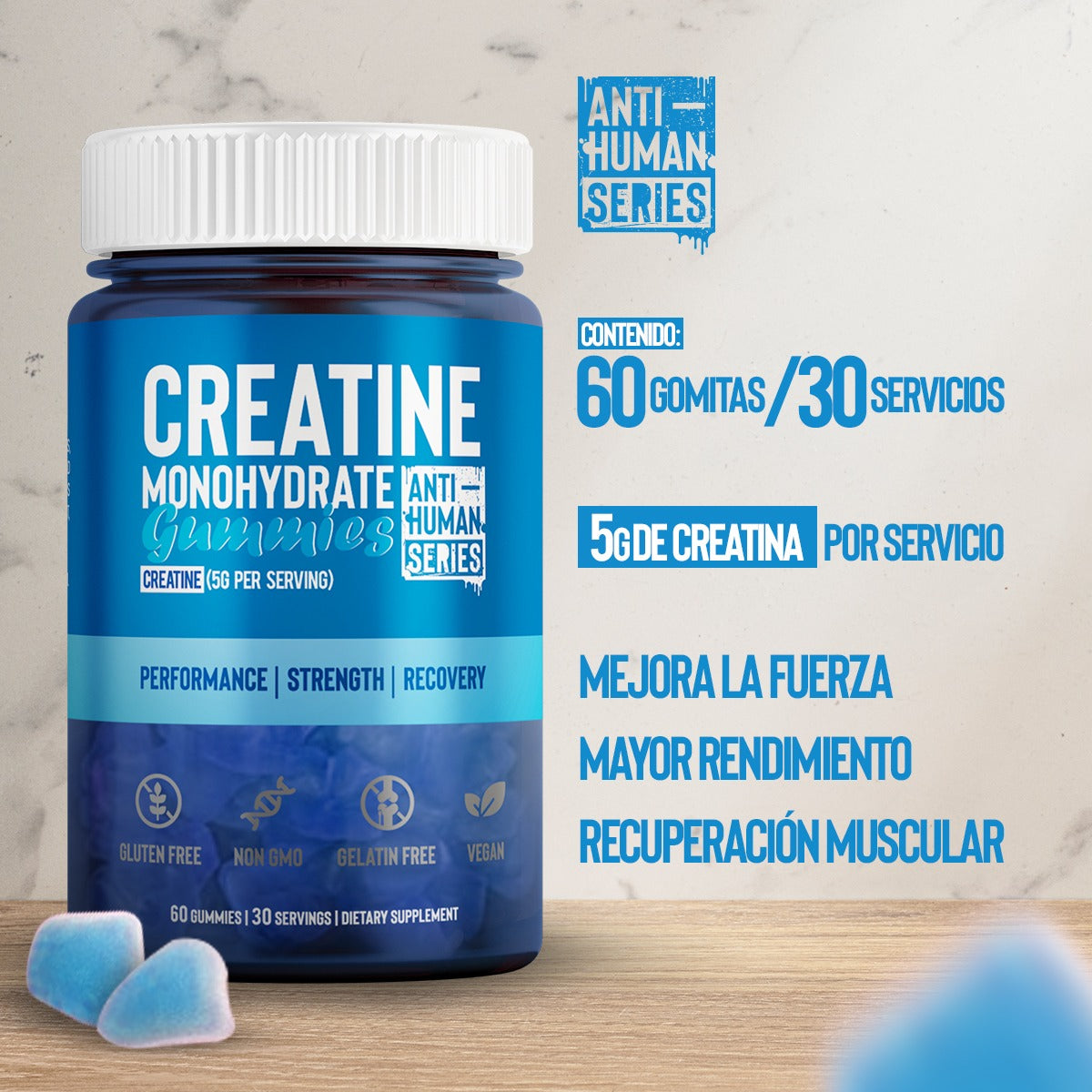 CREATINA MONOHIDRATADA ANTI-HUMAN 60 GOMITAS– suplementos-vikingo-gt